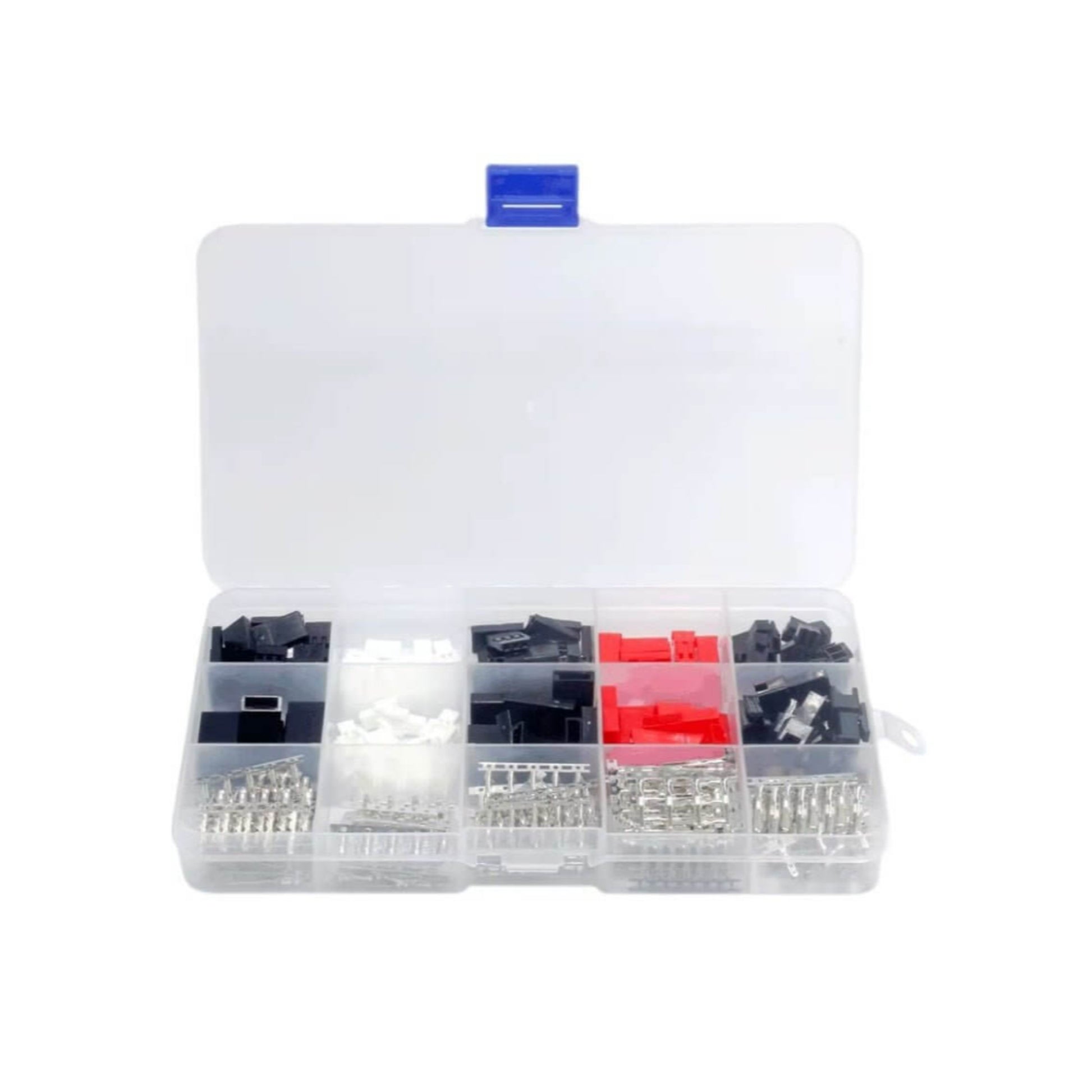 140Pcs RC Model Connector Kit in transparent storage box, featuring various JST, MX, SM, DuPont plugs for electronic projects.