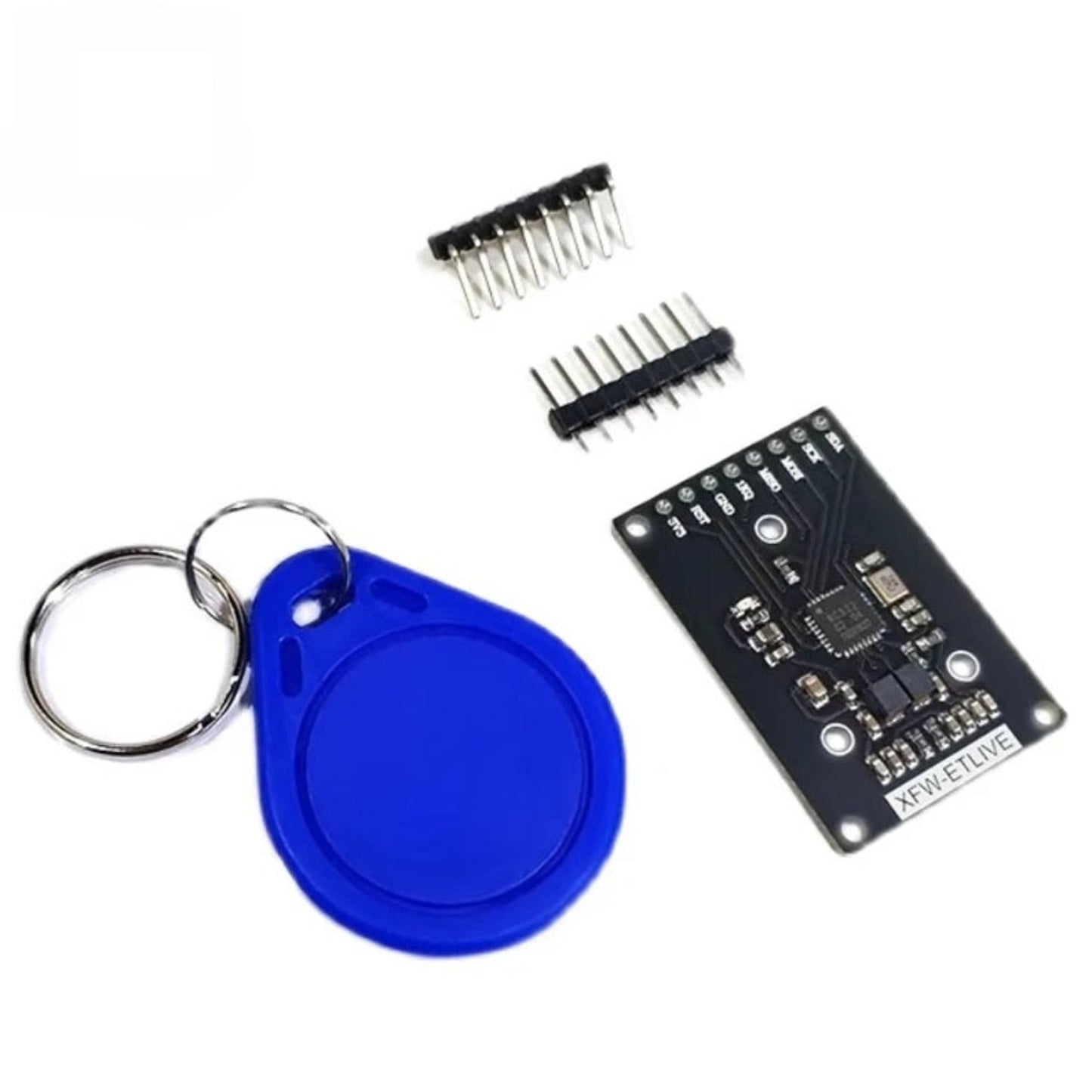 Compact RC522 Mini RFID reader module shown with blue proximity key fob and male header pins for easy prototyping.