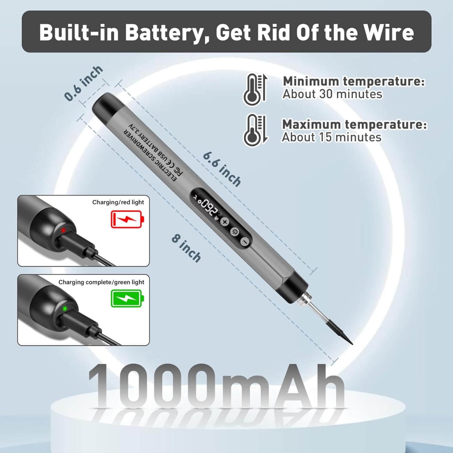Wireless USB soldering iron showing built-in battery, charging indicators, and temperature settings.