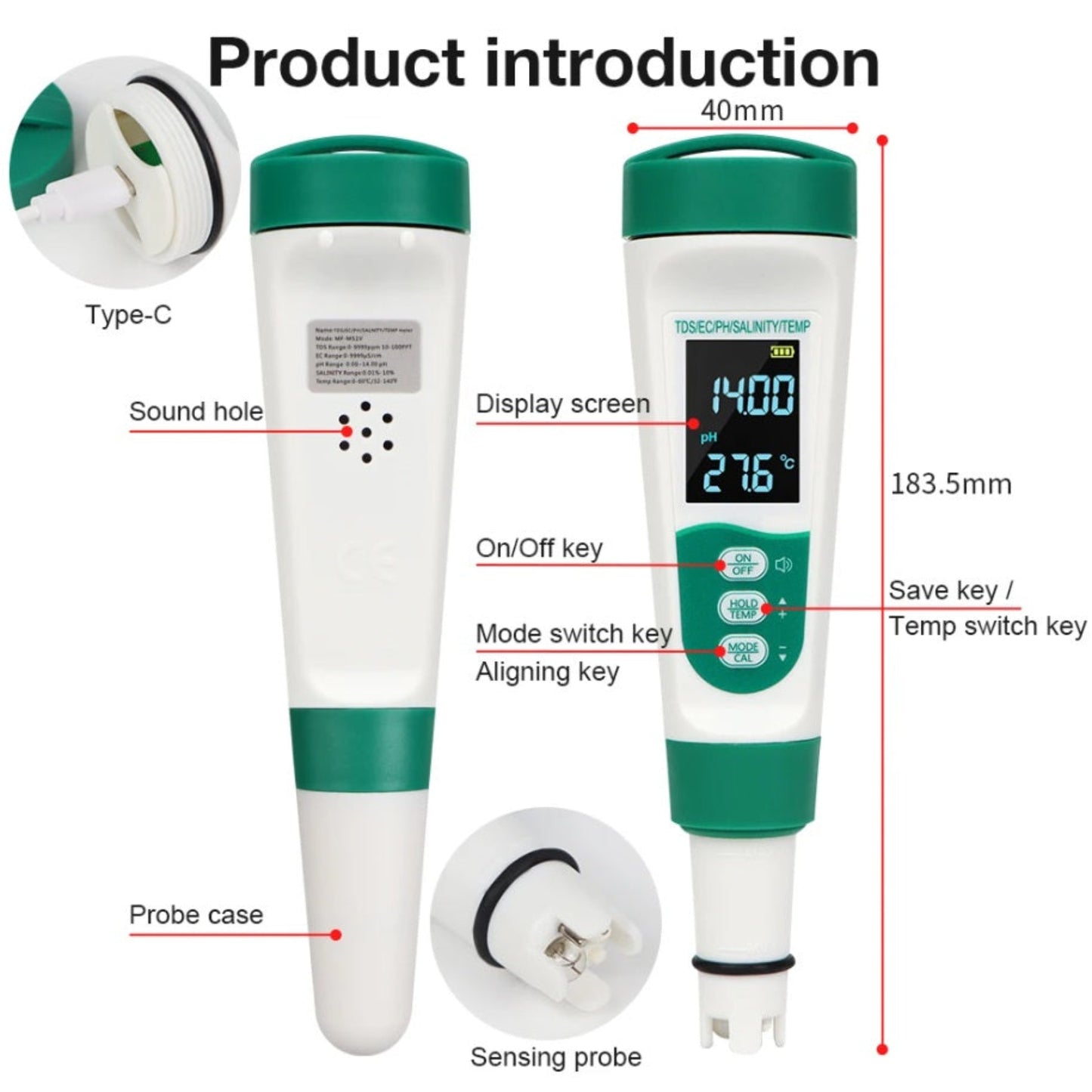 A detailed diagram of the water quality tester, labeling the Type-C port, display screen, buttons, sensing probe, and dimensions.