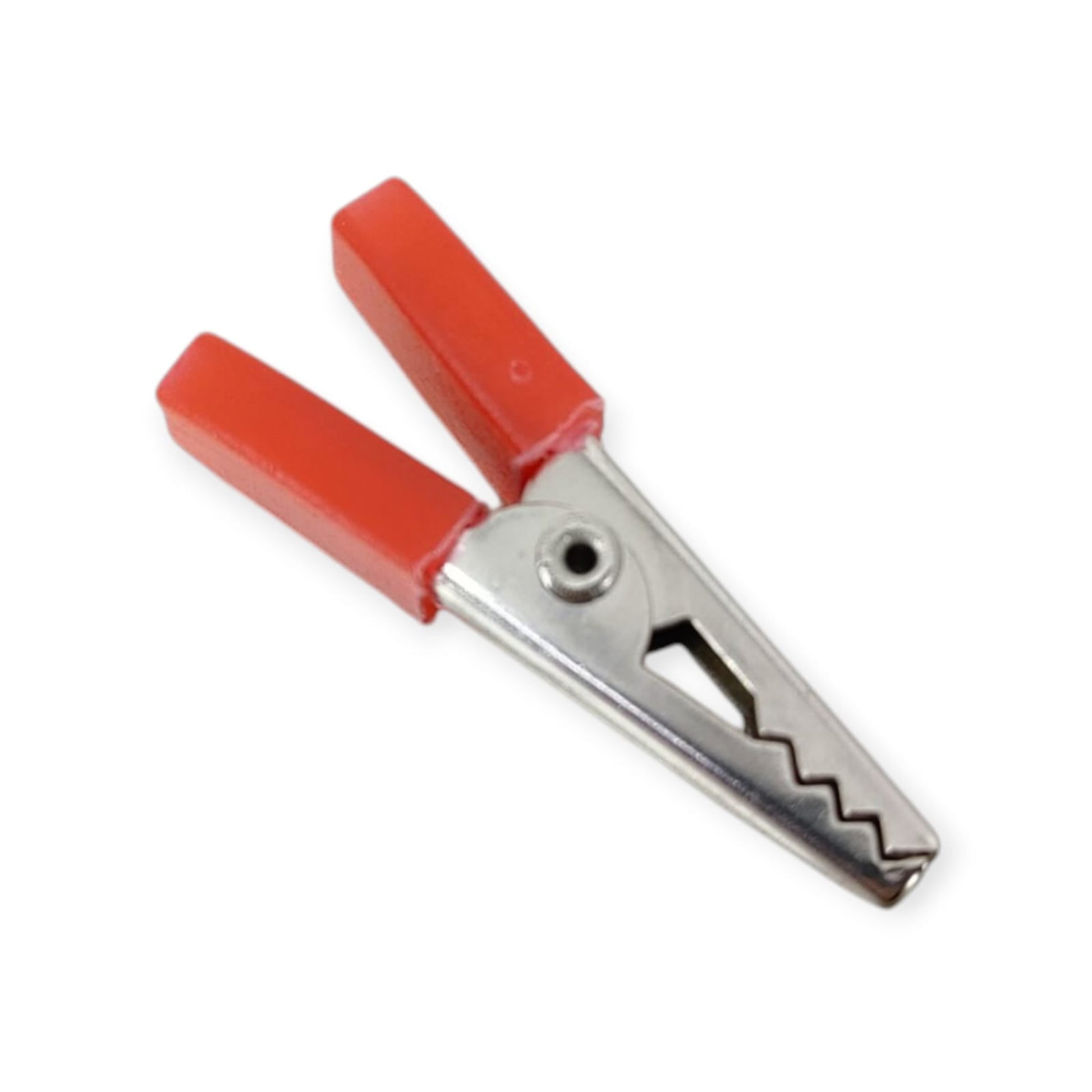 Close-up of a single 33mm red mini alligator clip with an insulated handle.
