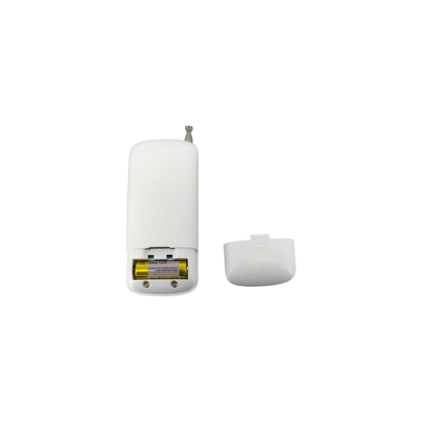 The remote controller for the power socket with the back cover removed, showing the included 23A 12V battery.