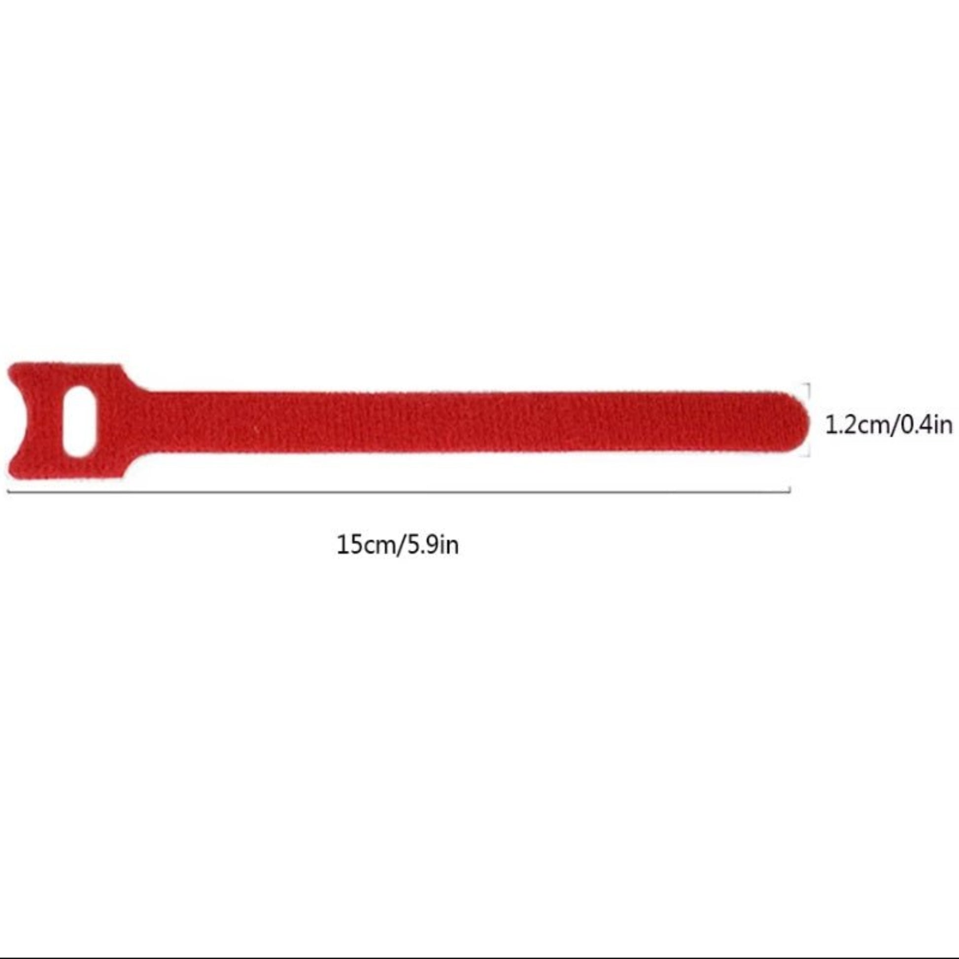 Red reusable nylon hook and loop cable tie, measuring 15cm long and 1.2cm wide, ideal for organization.
