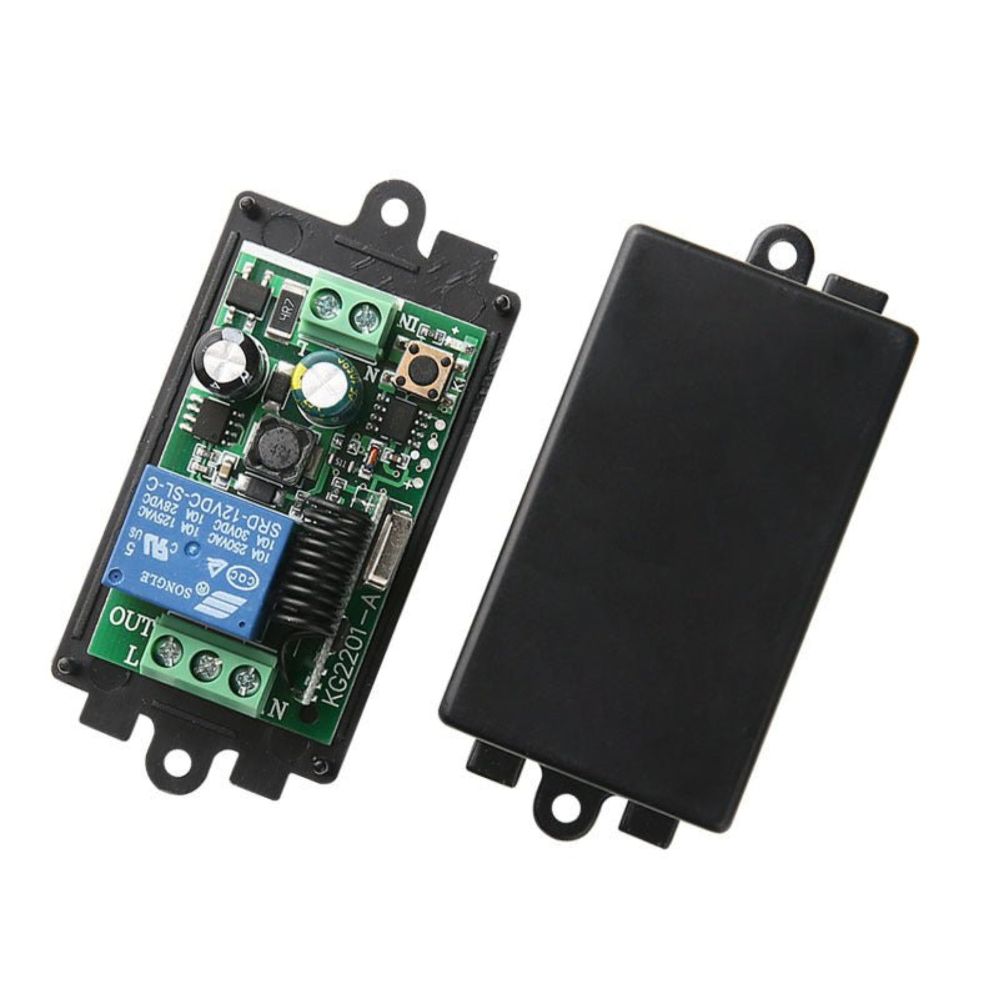 220V 433MHz RF remote control switch circuit board with relay, wireless control for lamps and appliances.