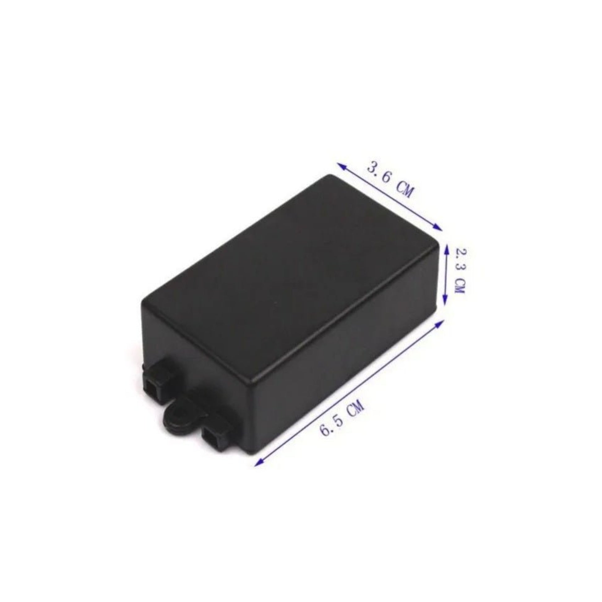 Black 220V 433MHz RF remote control switch with dimensions 6.5cm x 3.6cm x 2.3cm.