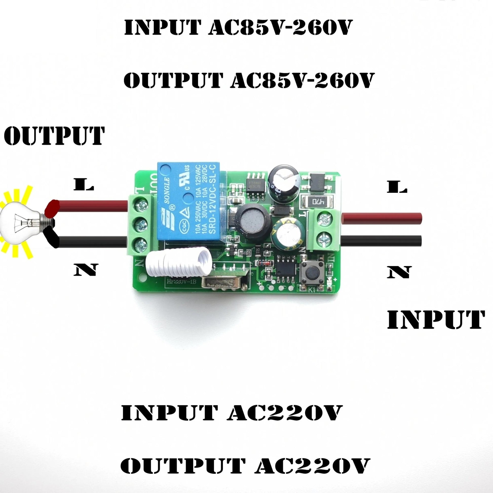 AC85V-260V RF remote control switch circuit board with input and output connections.