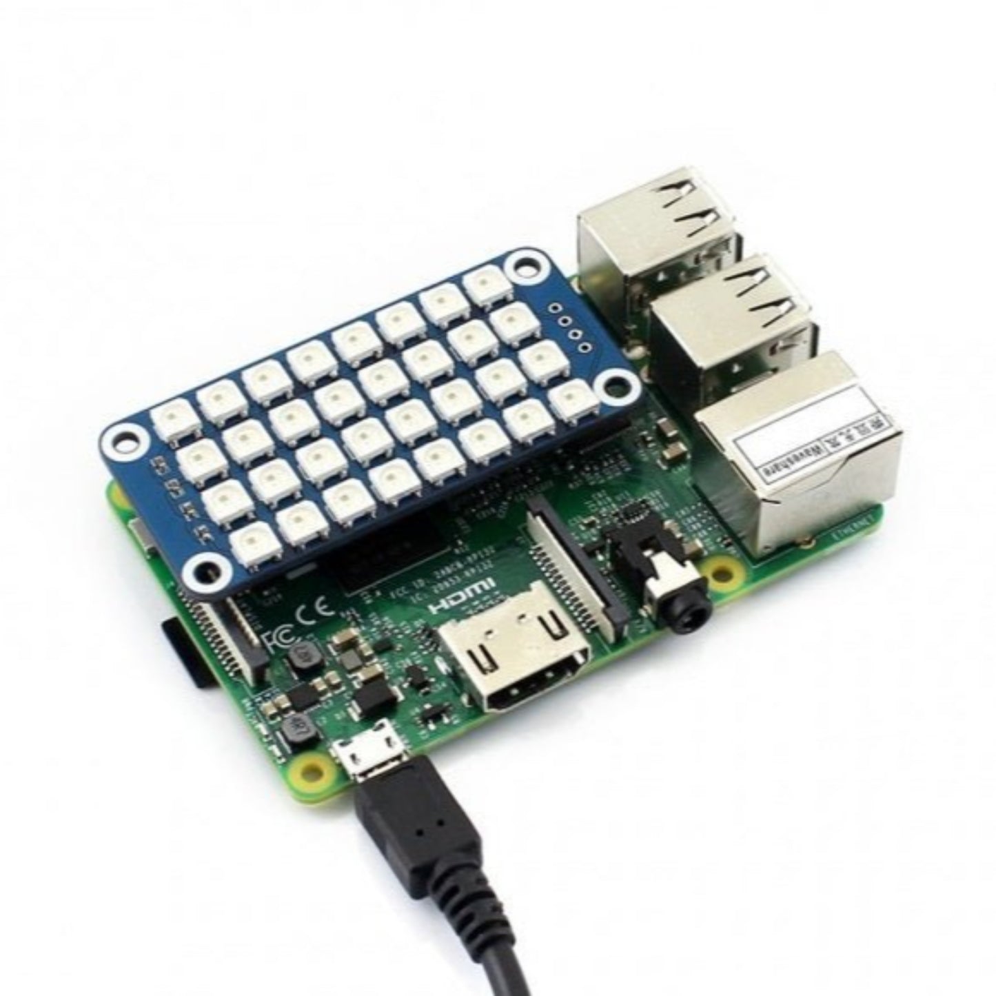 Raspberry Pi with WS2812B RGB LED HAT attached, showcasing colorful LED matrix display.