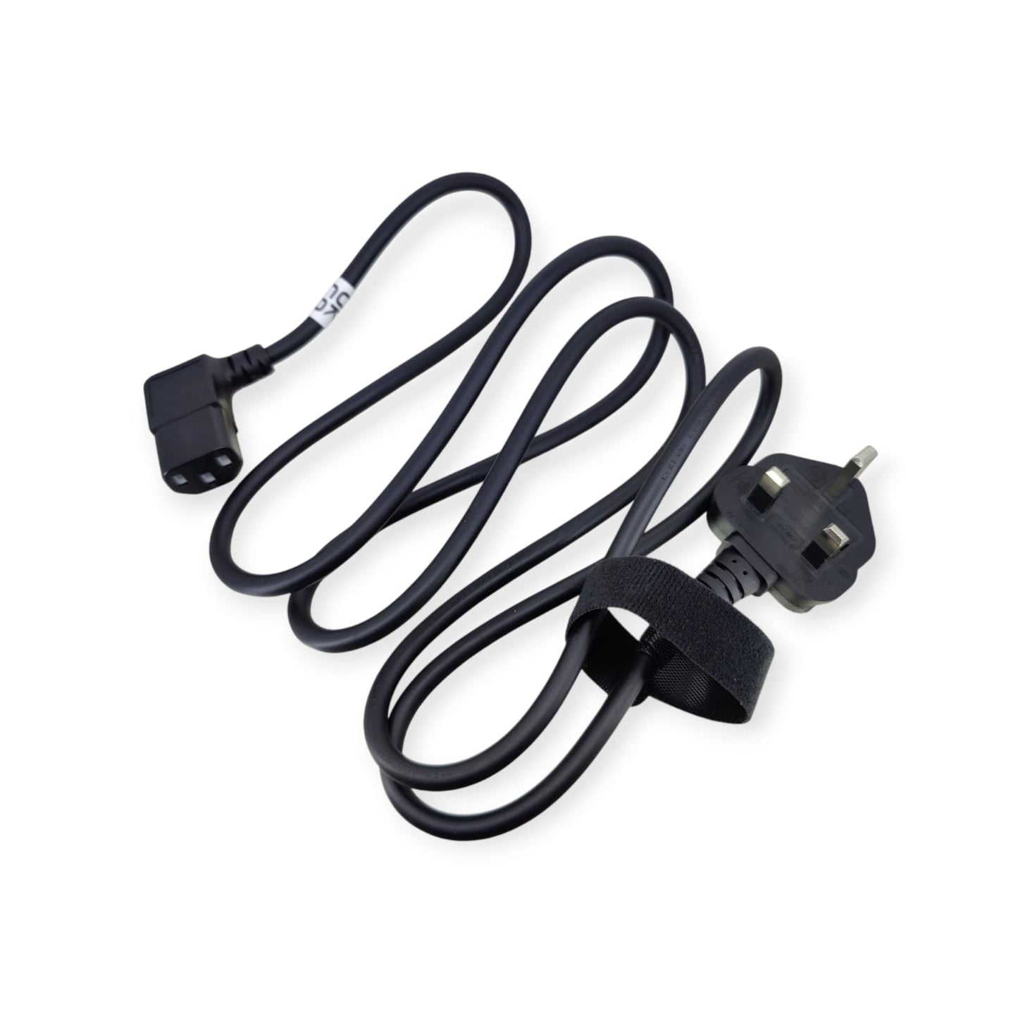 A coiled 1.5-meter black power cord showing the right-angled C13 connector and the BS 1363 UK plug.