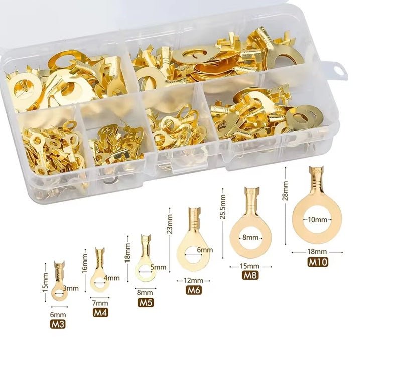 150-piece copper ring lug terminal assortment kit with various sizes M3 to M10 in a clear storage box.