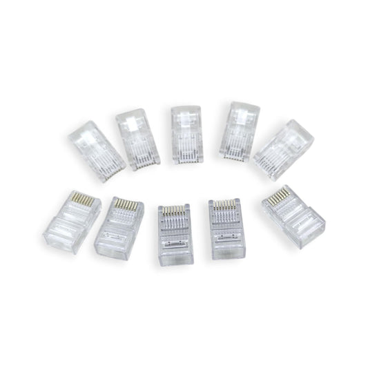 A group of ten transparent RJ45 CAT5 pass-through Ethernet connectors arranged on a white background.