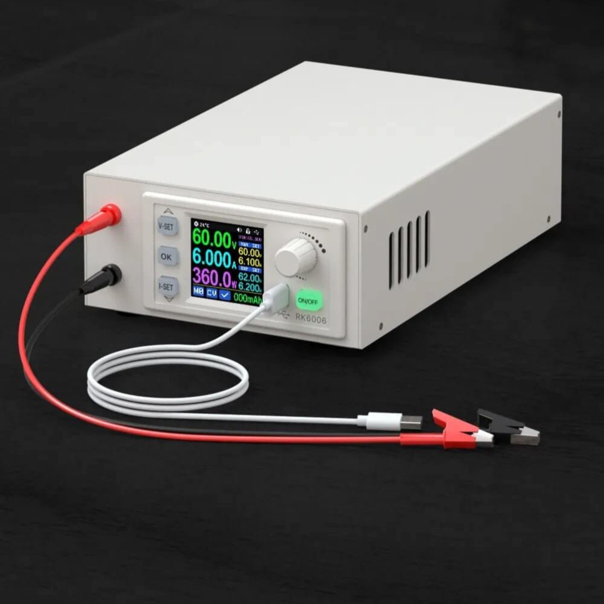 RK6006-C 60V 6A adjustable DC power supply with color LED display.