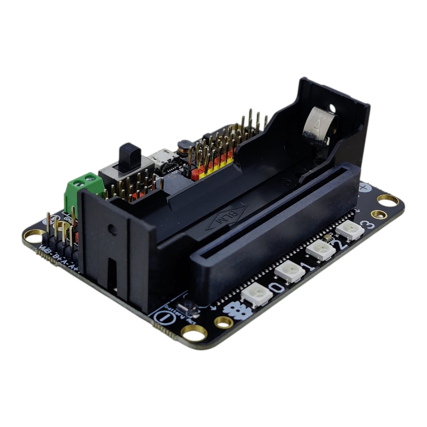 Robotbit V2.0 Micro:bit expansion shield with RGB LEDs and 18650 battery slot for STEM education