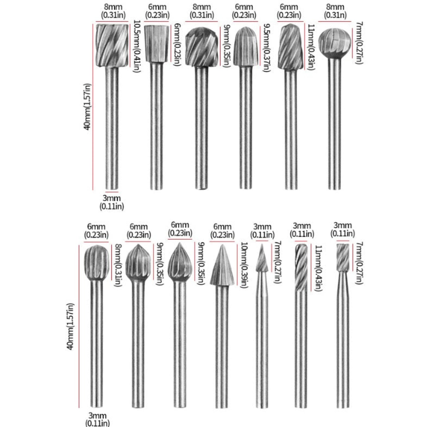 Detailed size chart showing the specifications of 10 high-speed steel rotary burrs and bits.