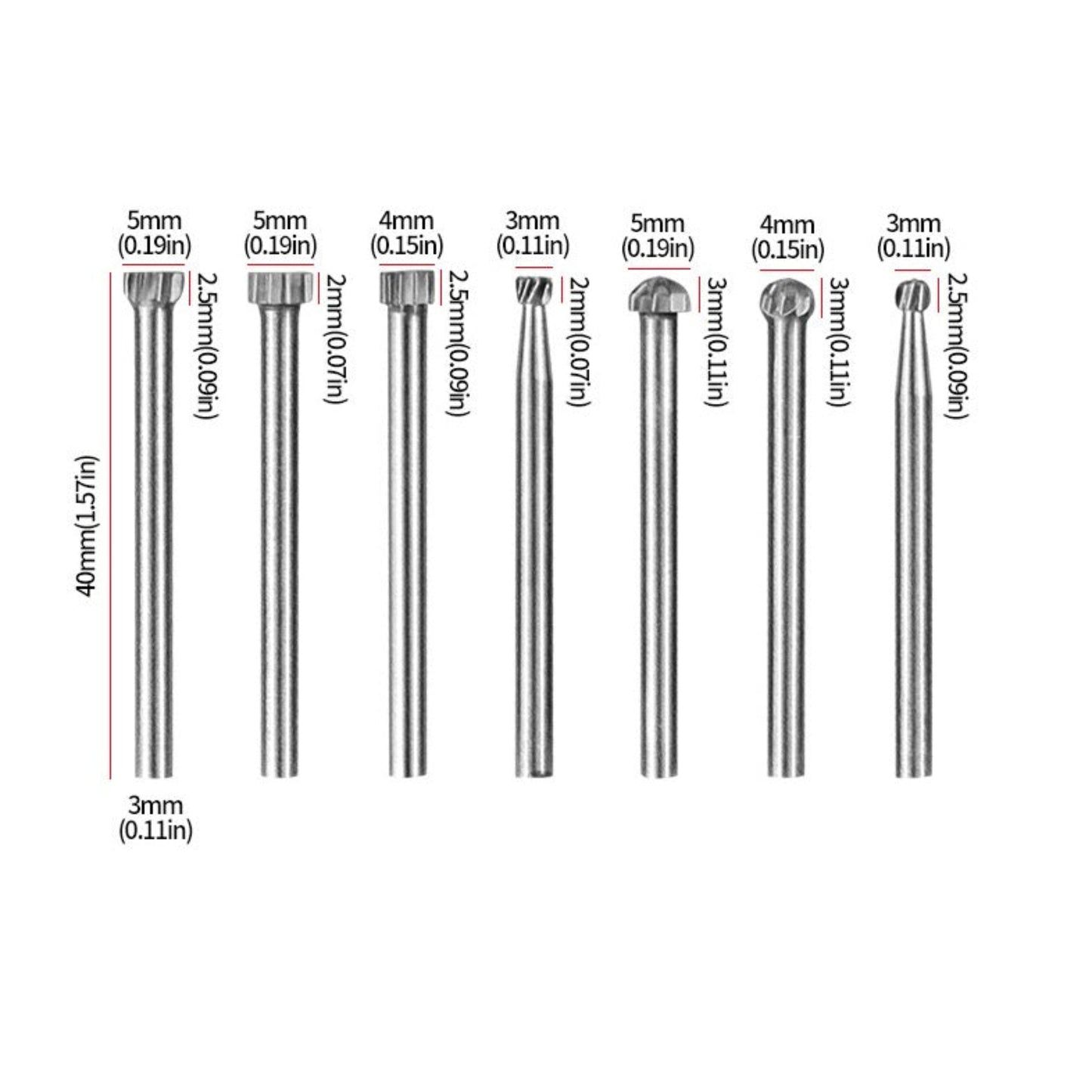 Detailed size chart showing the specifications for the remaining 10 high-speed steel rotary burrs and bits.