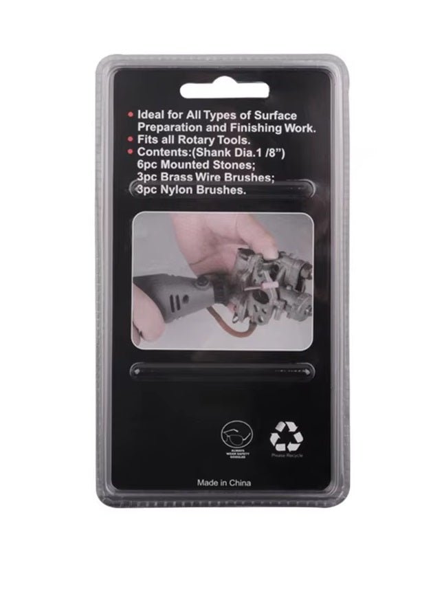 12pcs Rotary Tool Set packaging showing contents and suitability for surface preparation and rotary tool compatibility.