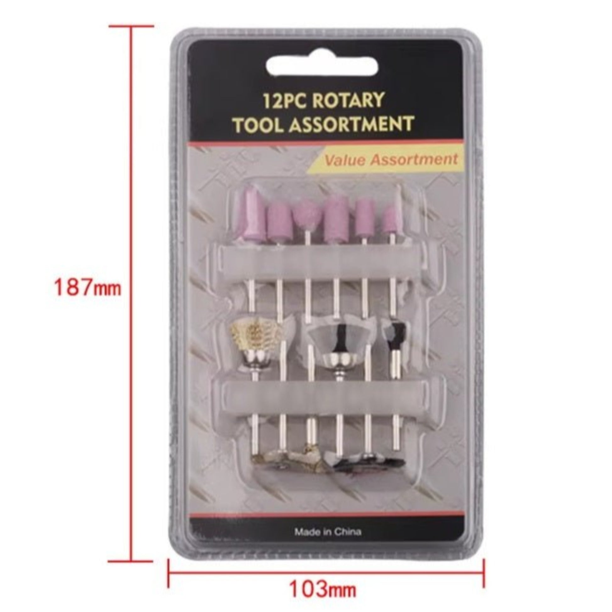 12pcs rotary tool set assortment including mounted stones, brass wire brushes, and nylon brushes for surface preparation.