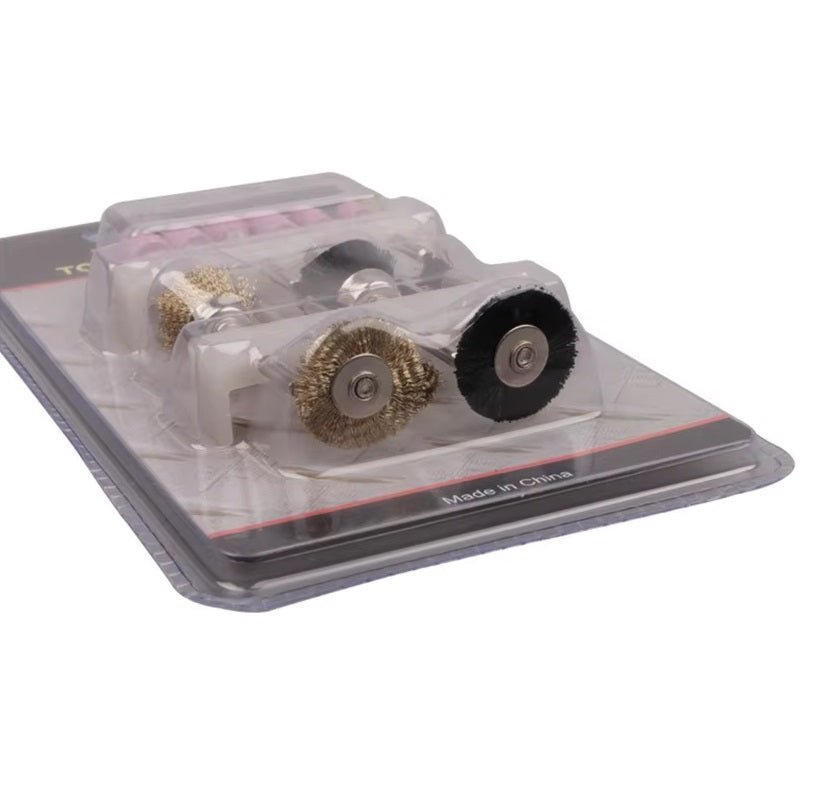 Set of brass and nylon wire brushes in package, used for polishing and cleaning with rotary tools.