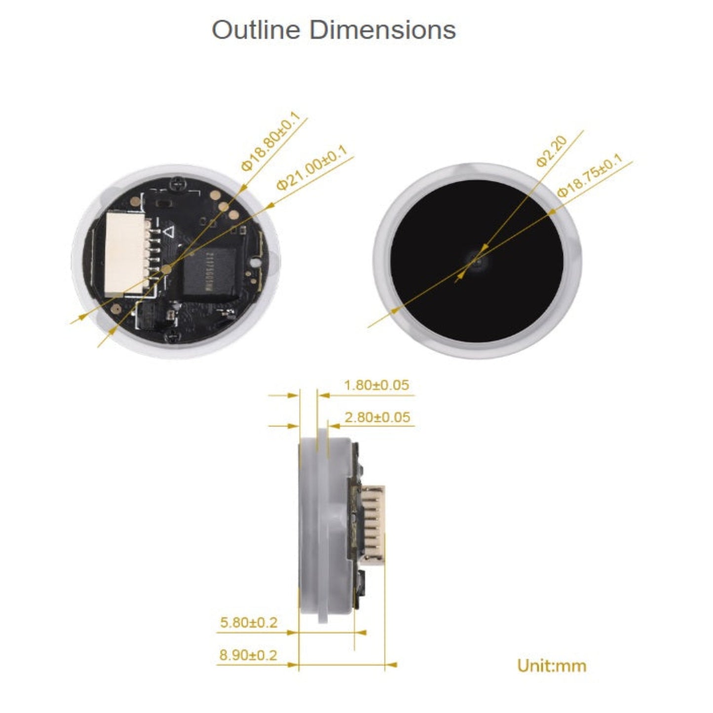 Detailed outline dimensions in mm for the circular 2D scanner module.