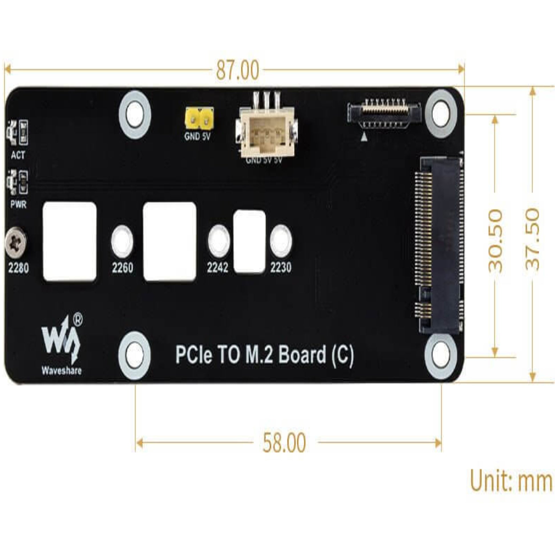 Physical dimensions in millimeters (mm) of the Raspberry Pi 5 PCIe to M.2 Adapter Board (C).