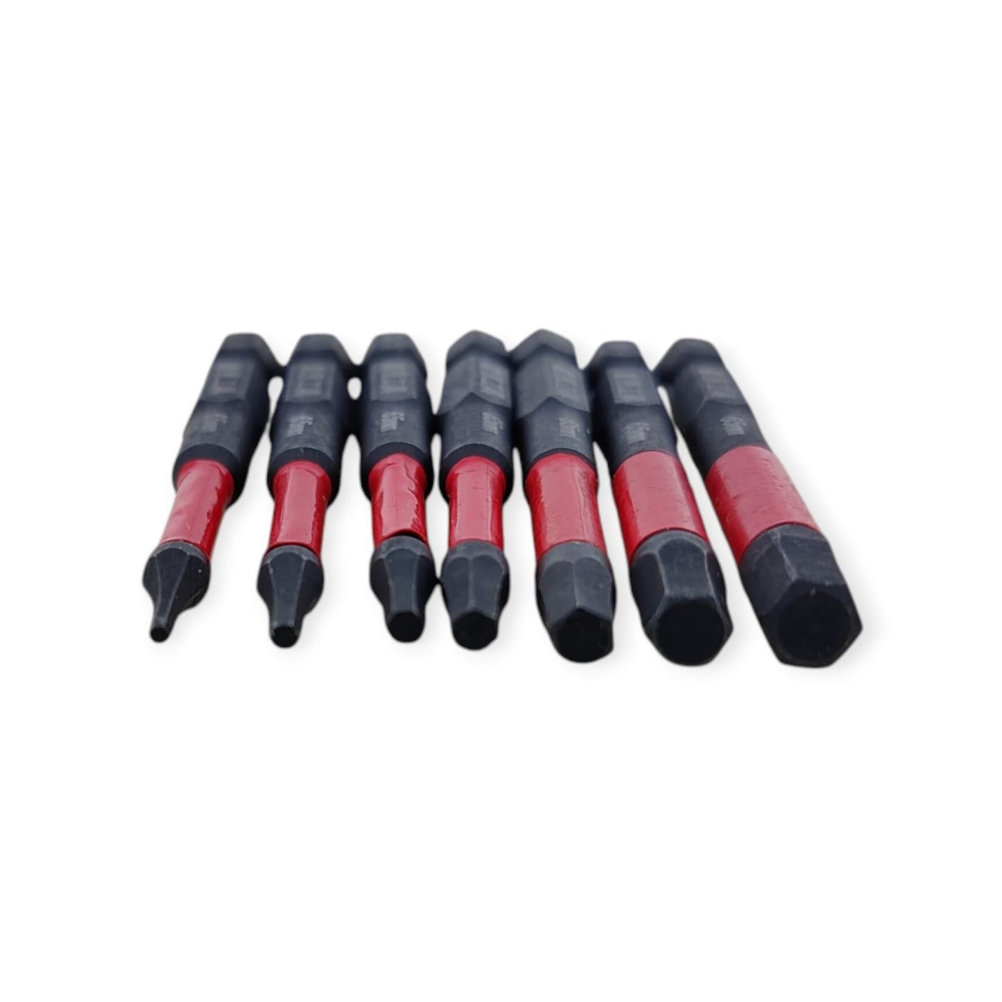 Close-up view of the tips of the 7-piece hex drill bit set, showing the different sizes.