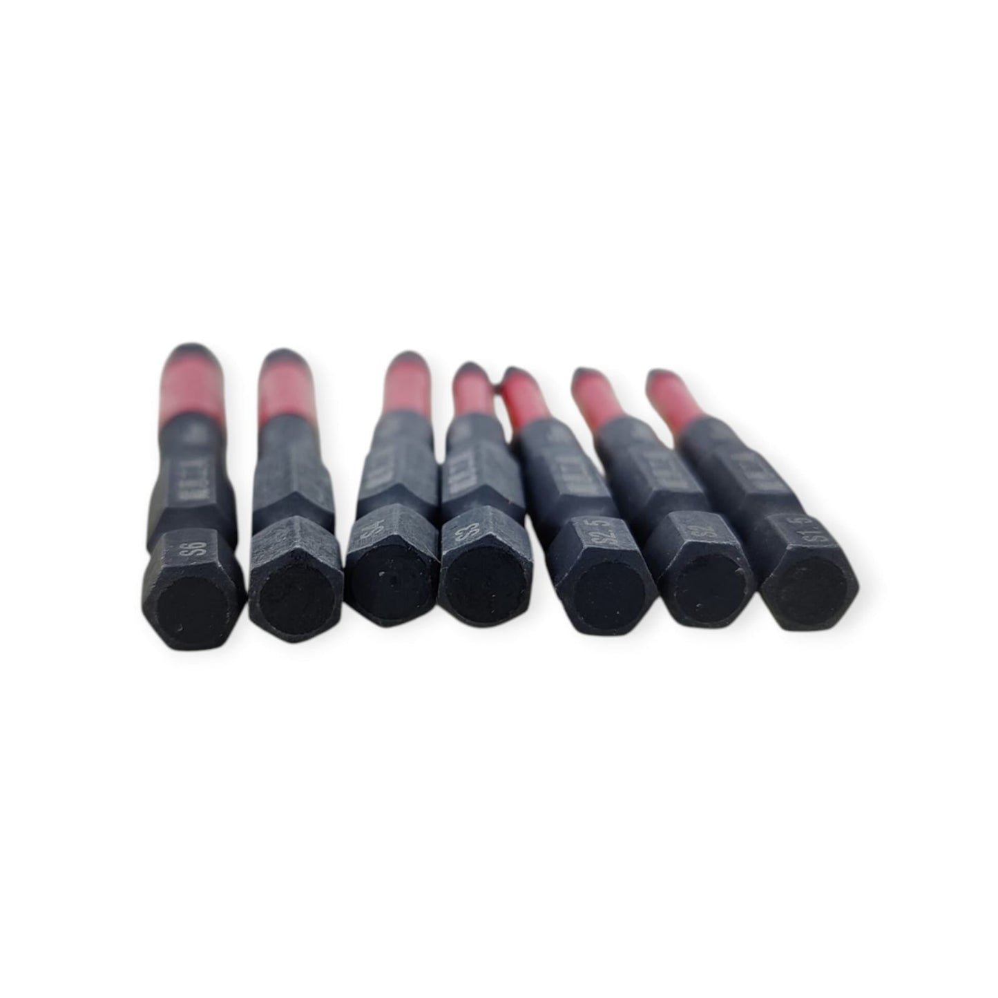 View of the 1/4-inch hexagonal shanks of the 7-piece S2 steel drill bit set.
