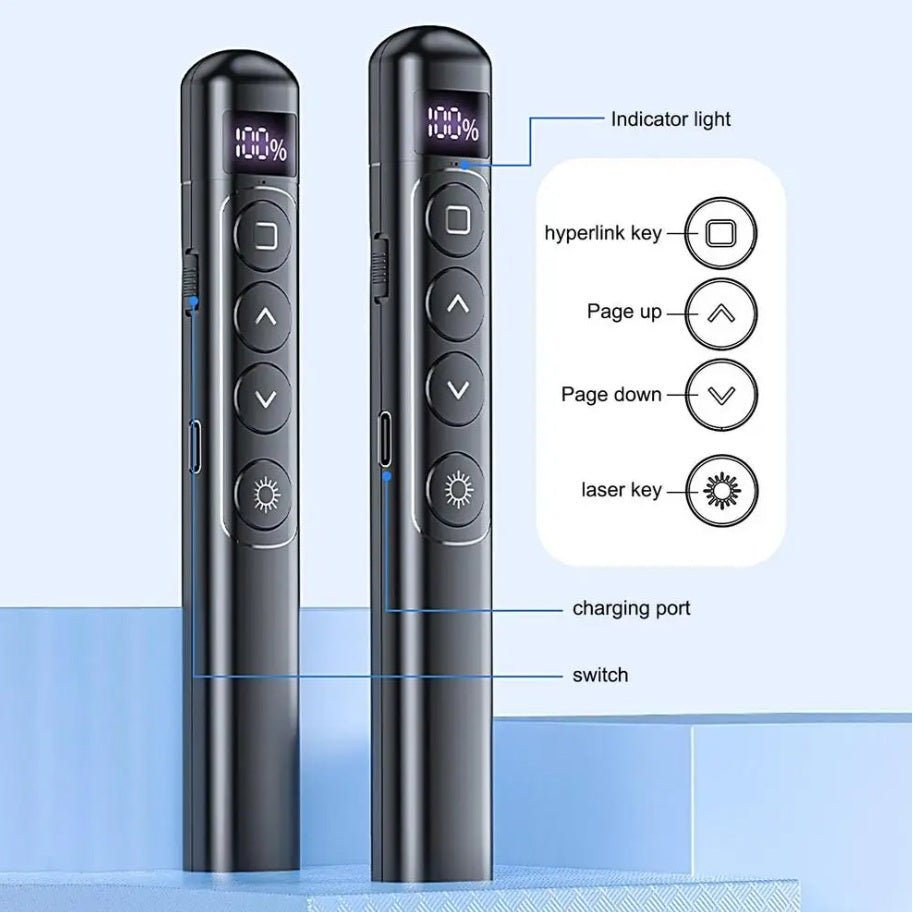Wireless presenter with laser pointer features, including buttons for page up, page down, and charging port.