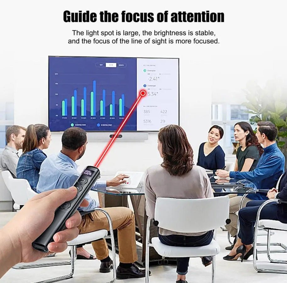 Wireless presenter with laser pointer in a meeting, enhancing audience focus on a presentation.