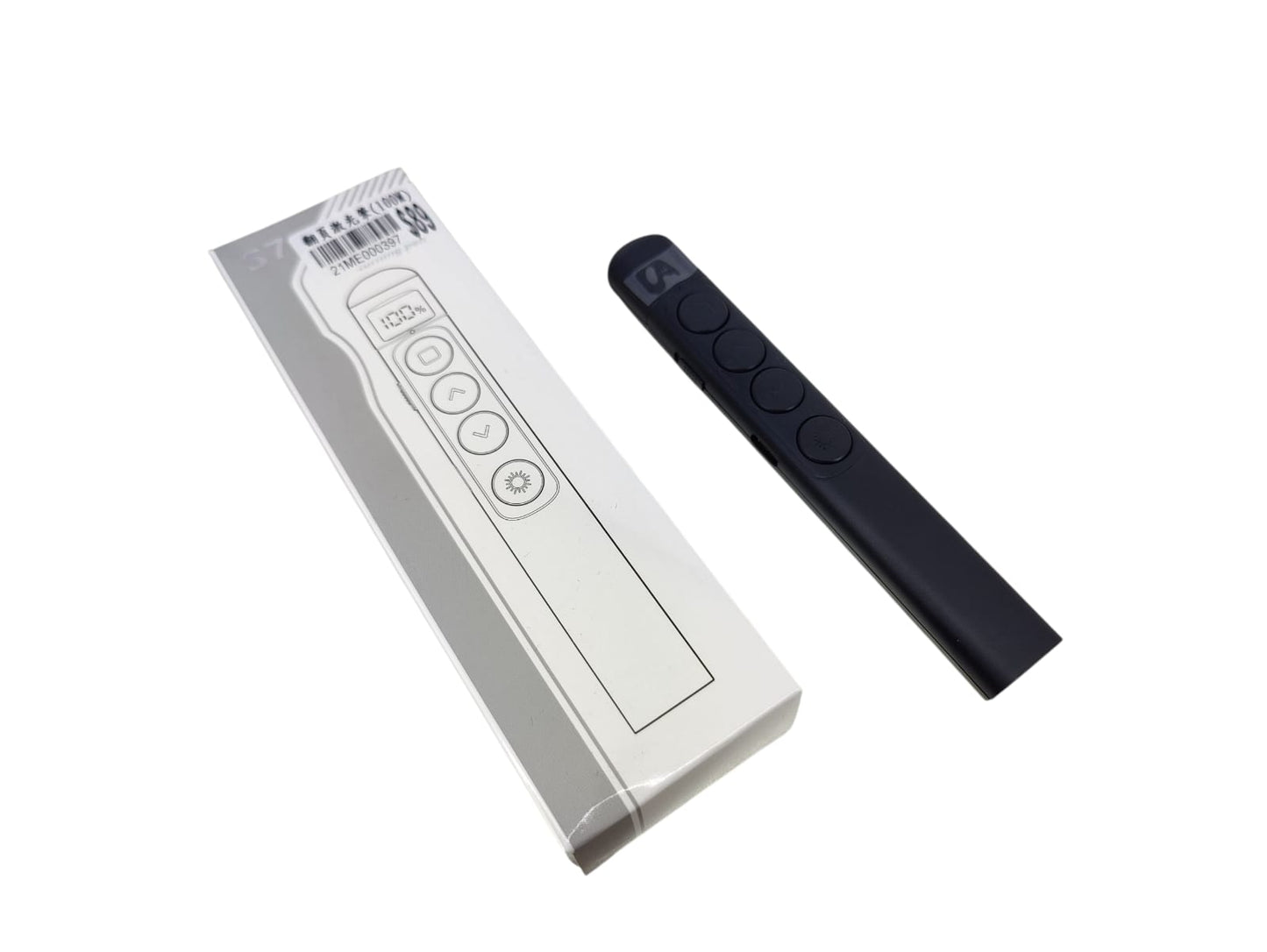 S7 Wireless Presenter with Laser Pointer and USB receiver beside packaging.