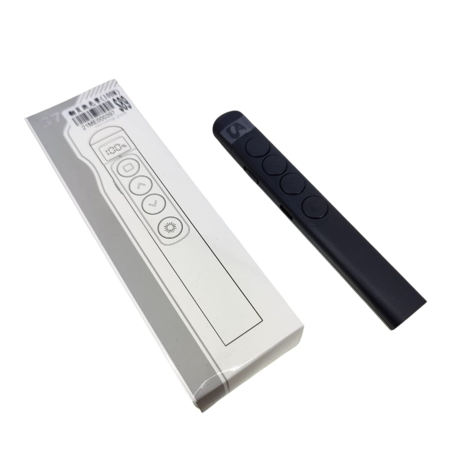 S7 Wireless Presenter with Laser Pointer and USB receiver beside packaging.