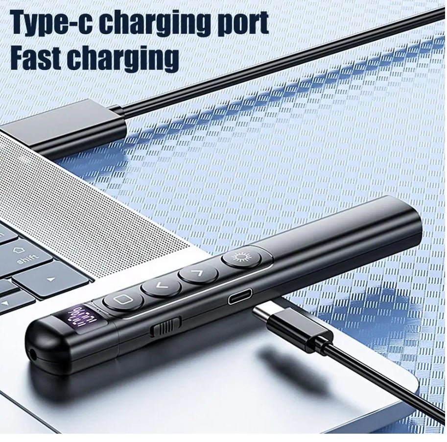 Wireless presenter showing Type-C charging port for fast charging on a laptop.