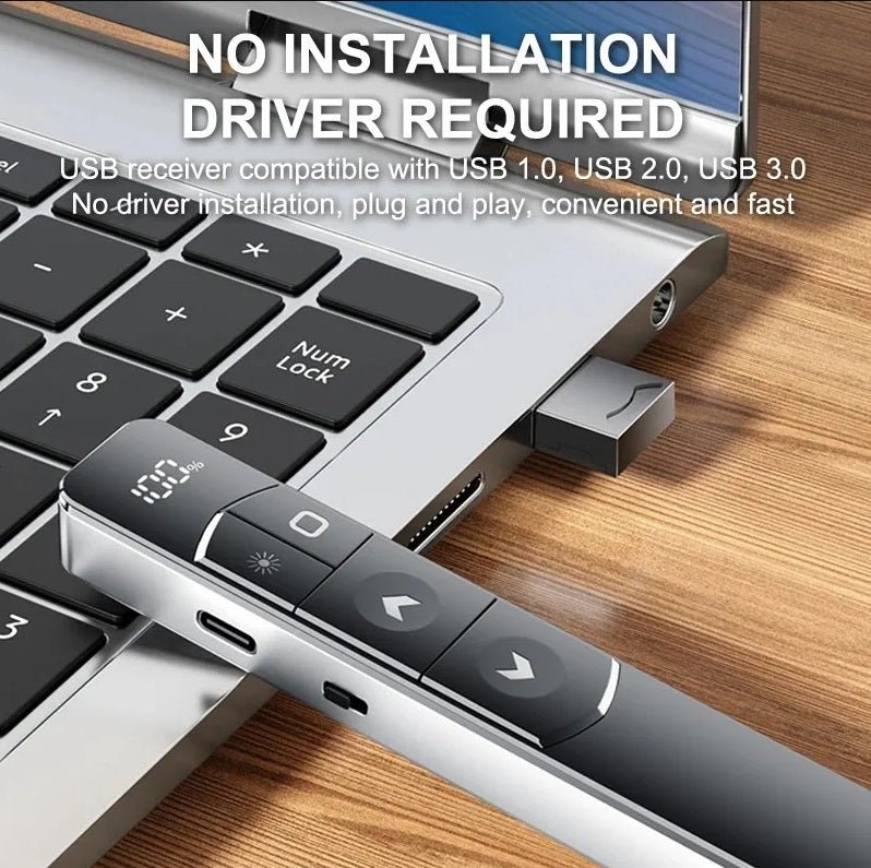 Wireless presenter USB receiver plugged into laptop, showcasing no installation required for easy use.