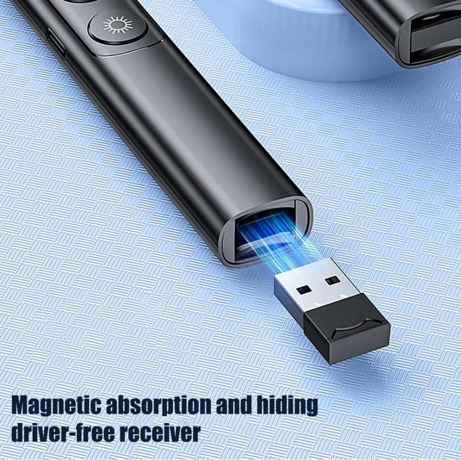 Wireless presenter showing USB receiver with magnetic absorption feature for easy storage.