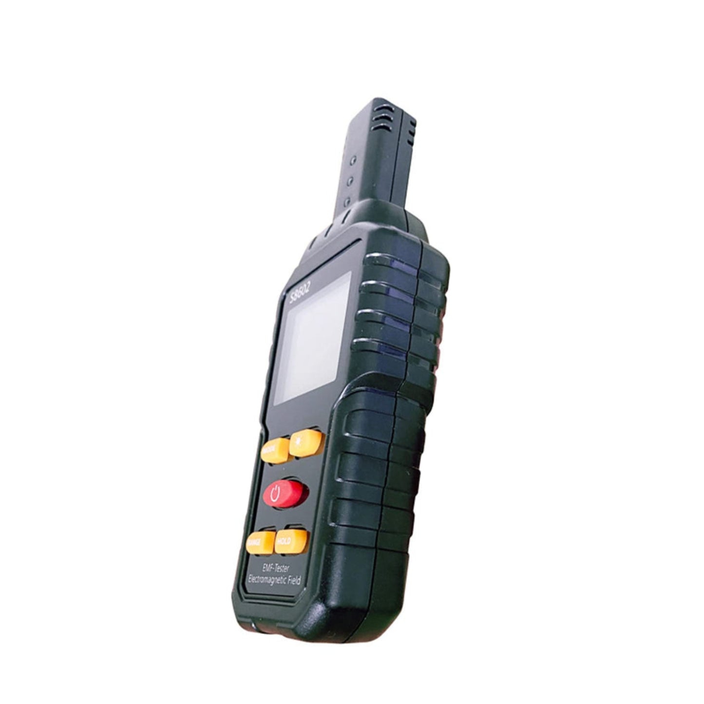 Angled side view of the S8602 Electromagnetic Field Tester, highlighting its ergonomic grip and buttons.