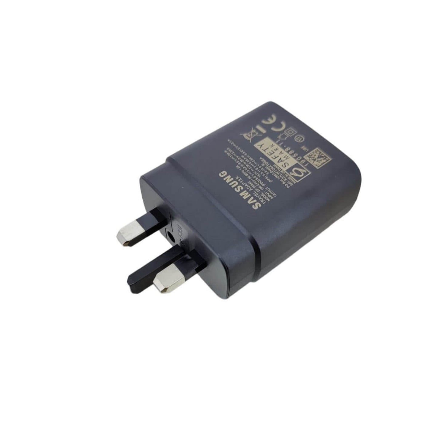 Samsung 45W USB-C Super Fast Charger with a 3-pin UK plug, shown from an angle.