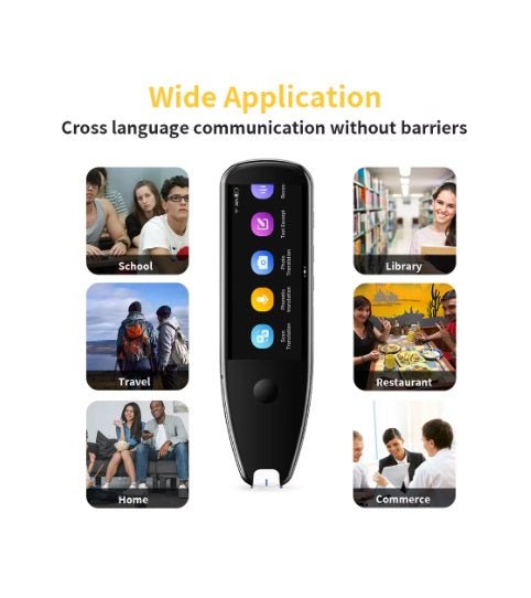 Scan Translator Pen showcasing wide applications for school, travel, library, restaurant, home, and commerce.