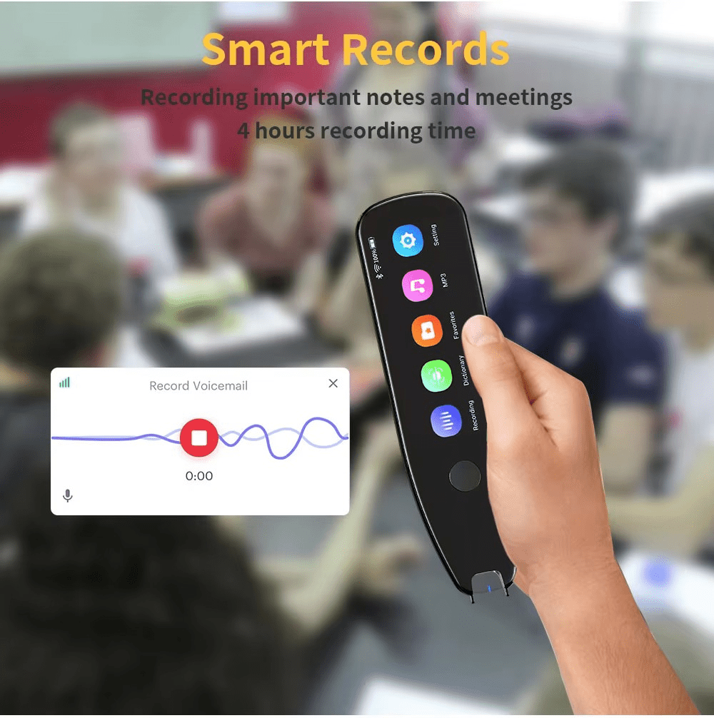 Smart Voice Scan Translator Pen in use, capturing important notes and meetings with a 4-hour recording capacity.