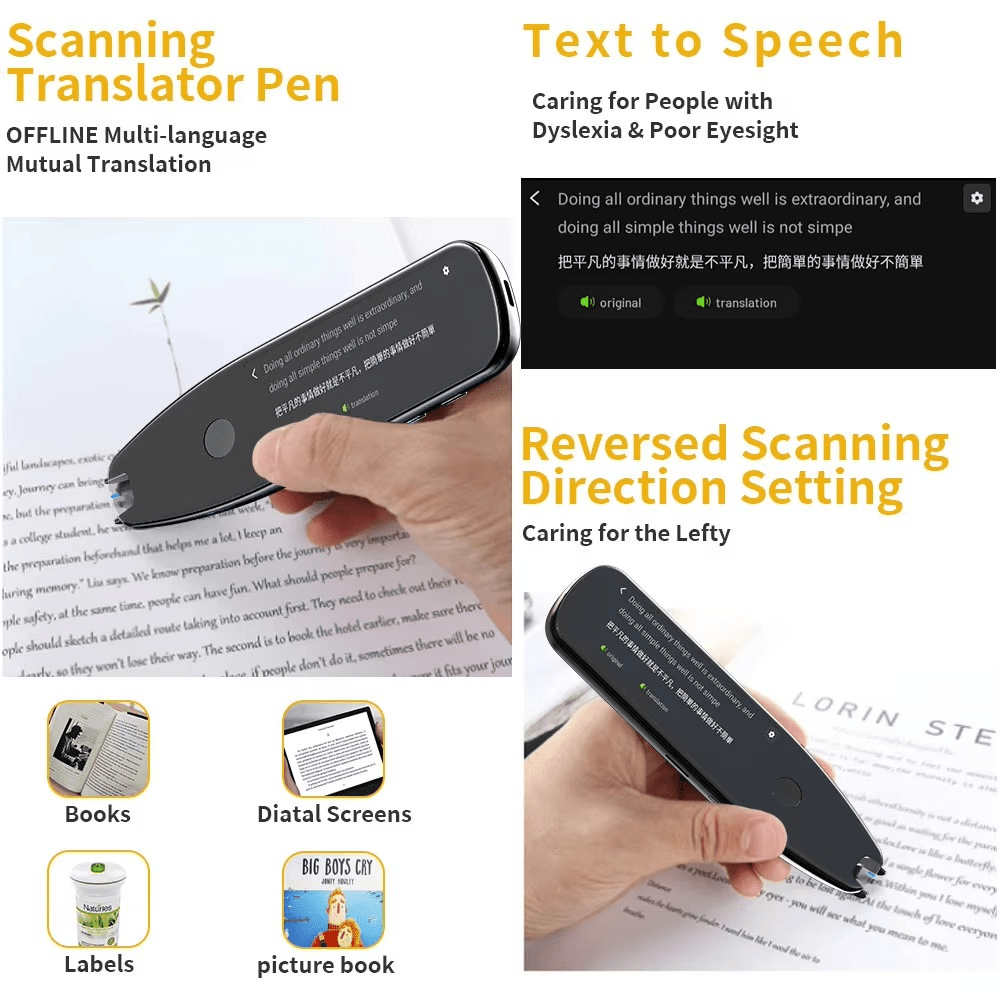 X5 Pro Smart Voice Scan Translator Pen features offline translation, text-to-speech, and left-handed scanning direction.