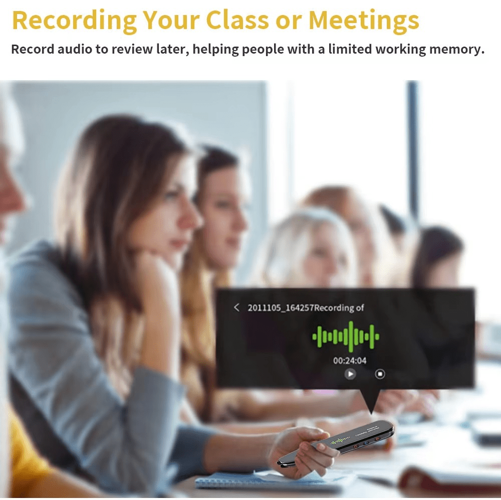 People in a meeting recording audio for future reference, aiding memory retention.