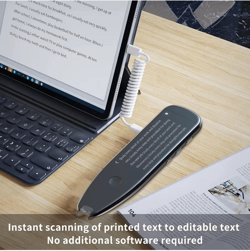 Scan Translator Pen scanning printed text to editable text on tablet, no software needed, ideal for language translation.