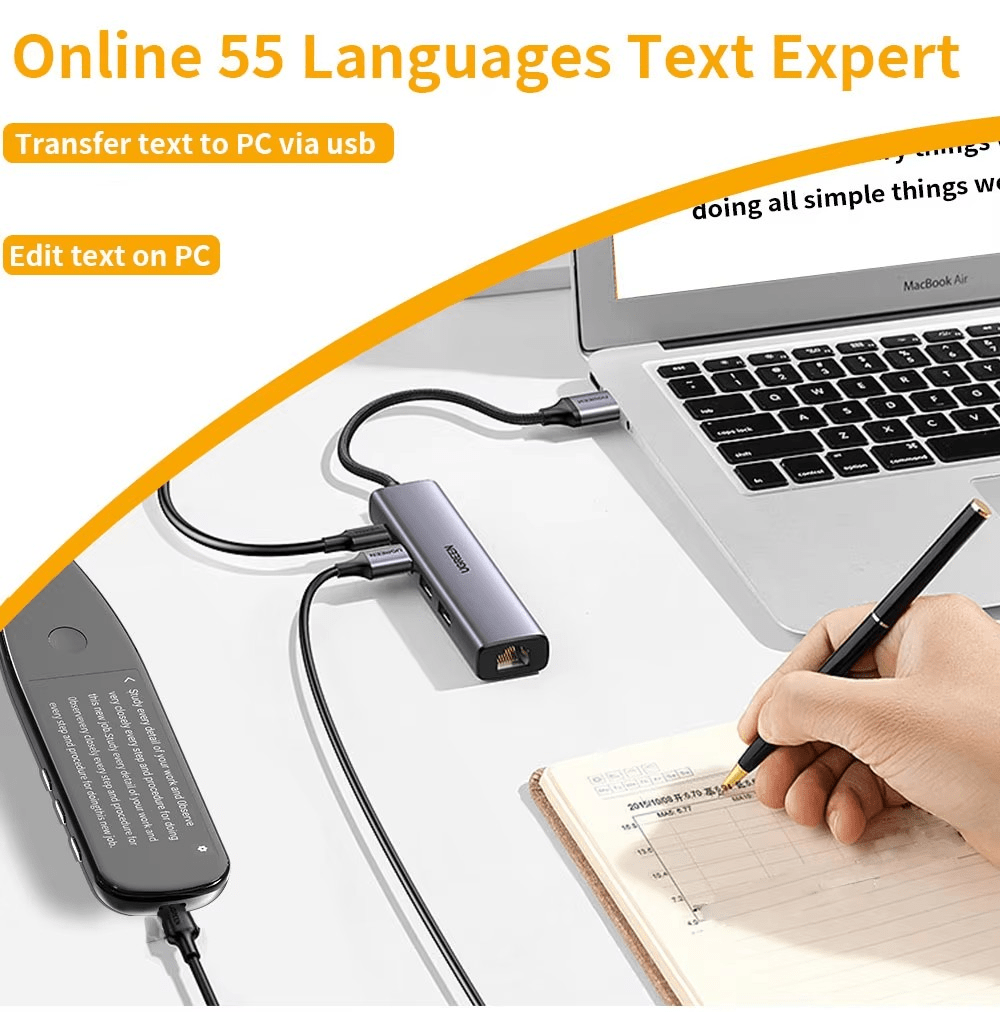 Scan Translator pen connected to a laptop, enabling 55-language text transfer and editing via USB.