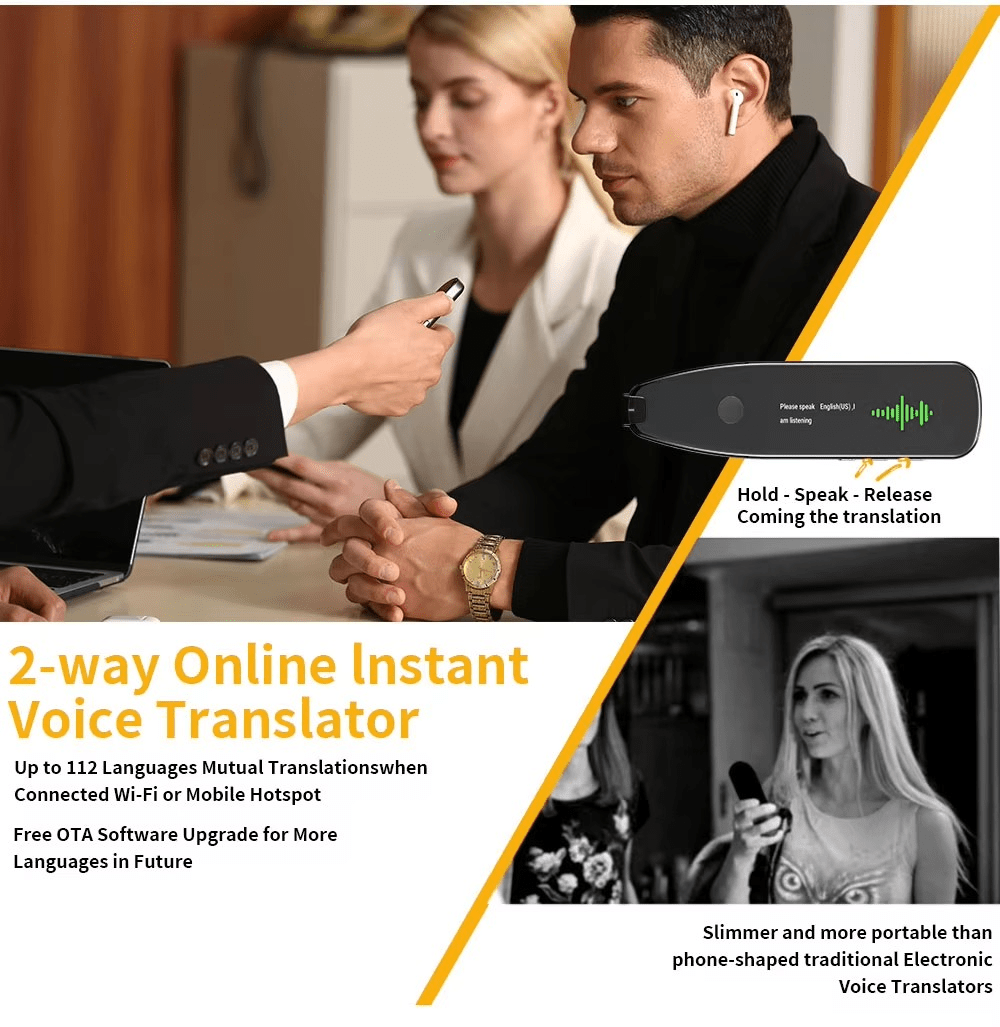 2-way online instant voice translator for up to 112 languages, slim and portable design, ideal for travel and business.