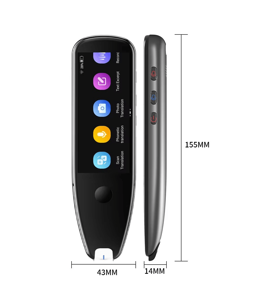 Scan Translator Pen X5 Pro showing features and dimensions 155mm x 43mm x 14mm, supports multiple languages for travel.