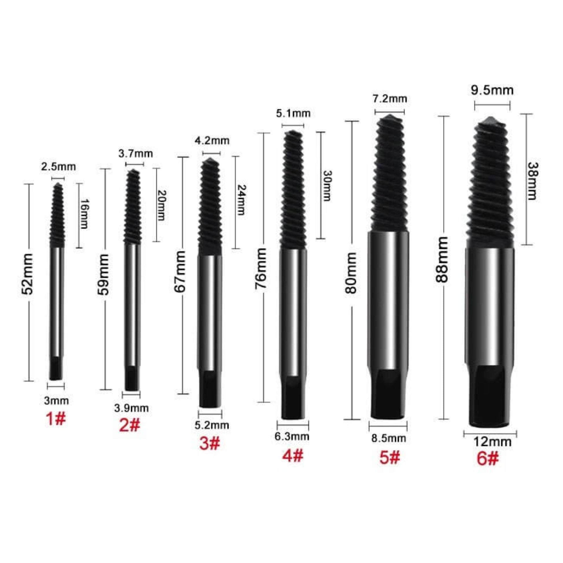 A dimension chart for the screw extractor kit, detailing the specific measurements and numbers of each tool to help users select the right one.