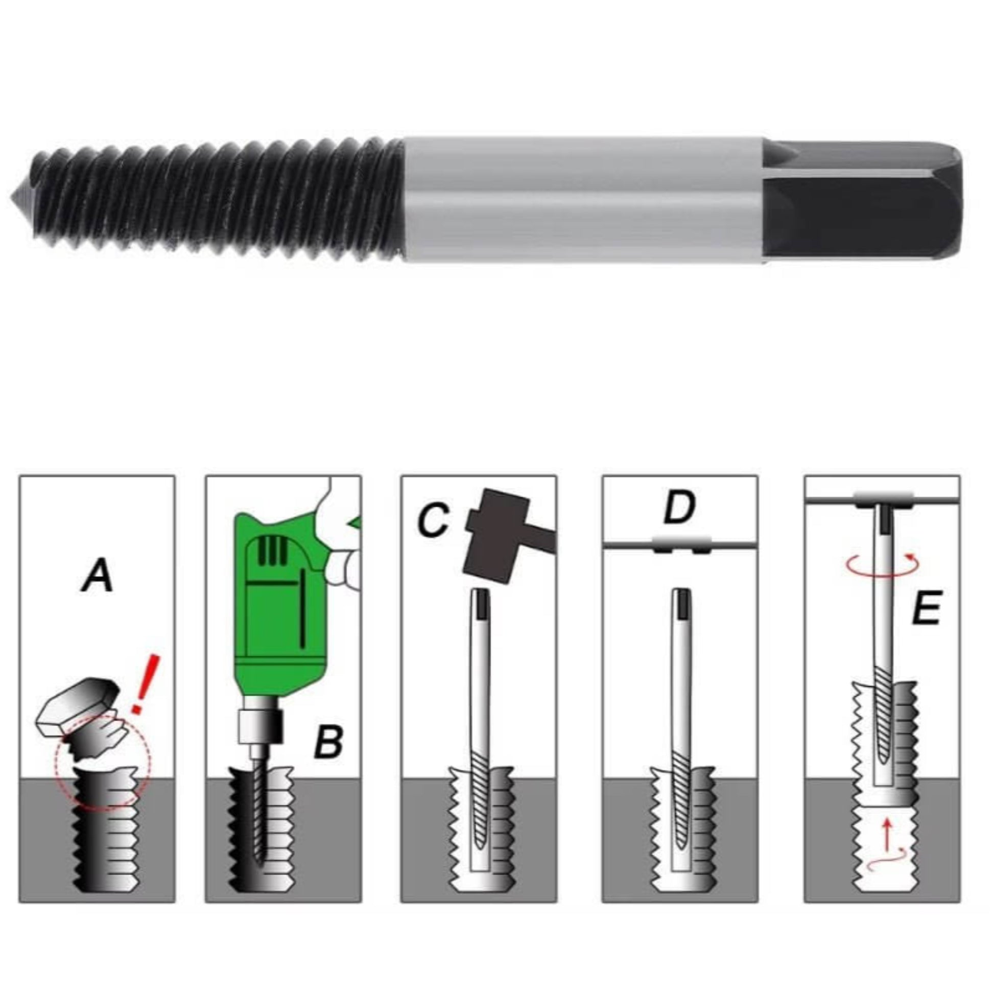 A step-by-step guide showing the operation of a screw extractor kit used for removing damaged or broken screws, bolts, and pipes.