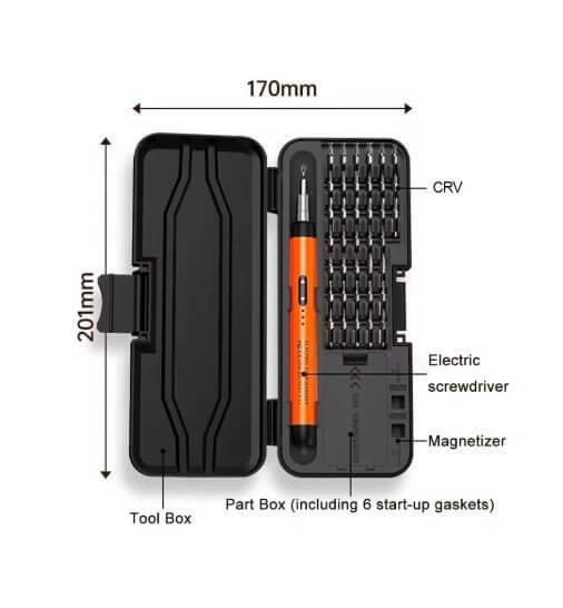 46-in-1 electric screwdriver set in toolbox, includes magnetic screwdriver and 30 bits for electronics repair.