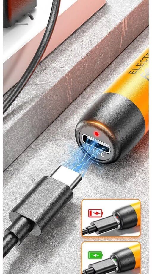 Close-up of a USB-C connection showing charging indicator light and energy flow, highlighting a precision screwdriver charging.