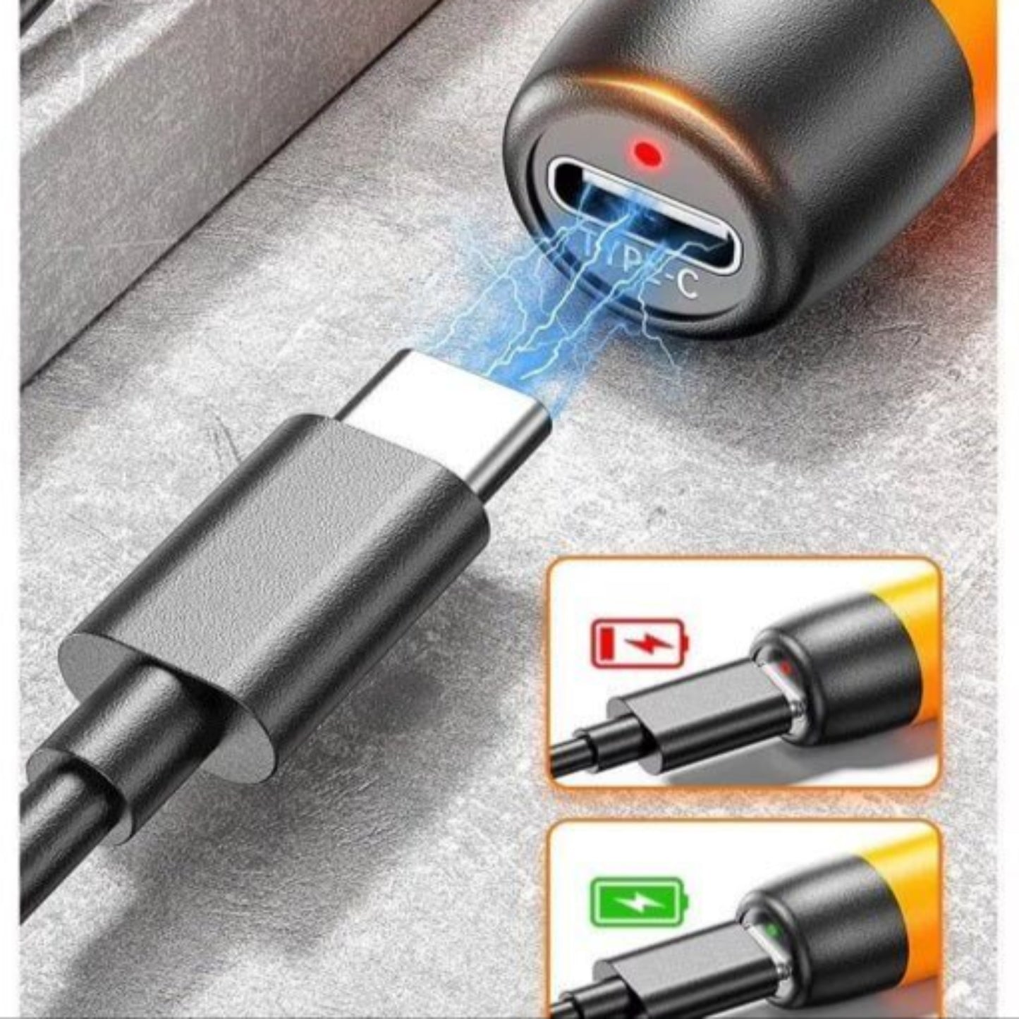 Close-up of a USB-C connection showing charging indicator light and energy flow, highlighting a precision screwdriver charging.