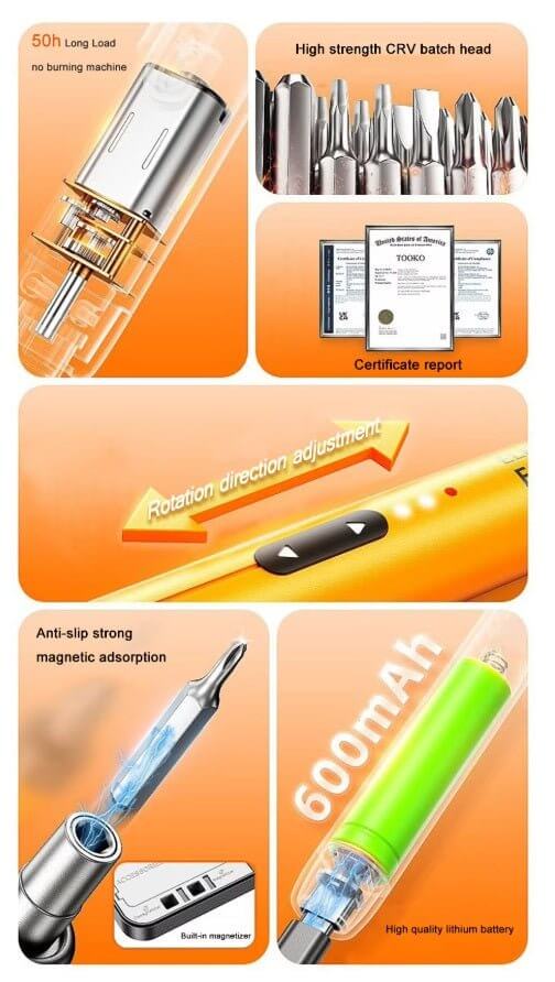 Features of the 46-in-1 Electric Screwdriver Set including durability, magnetic adsorptions, and battery capacity.