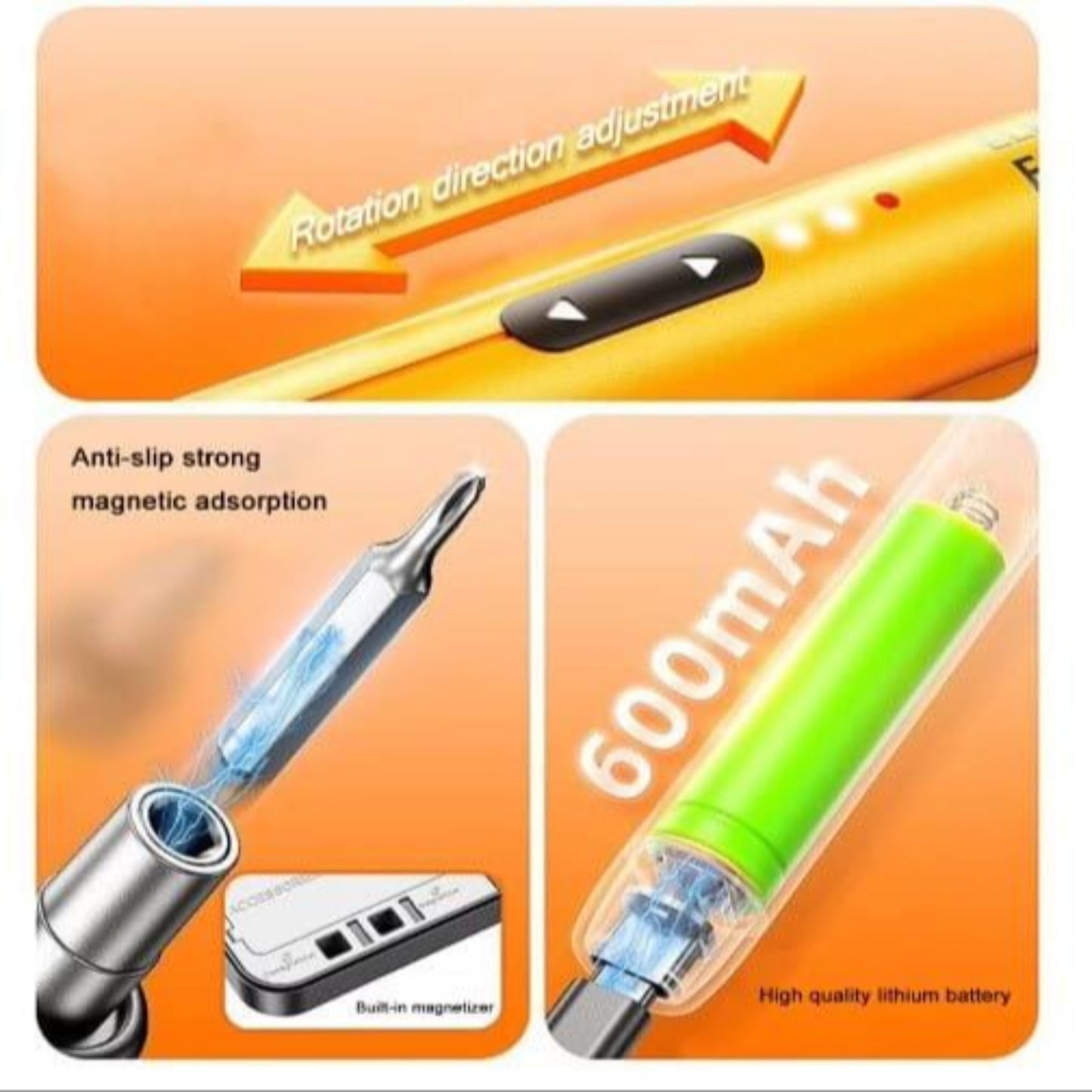 Features of the 46-in-1 Electric Screwdriver Set including durability, magnetic adsorptions, and battery capacity.