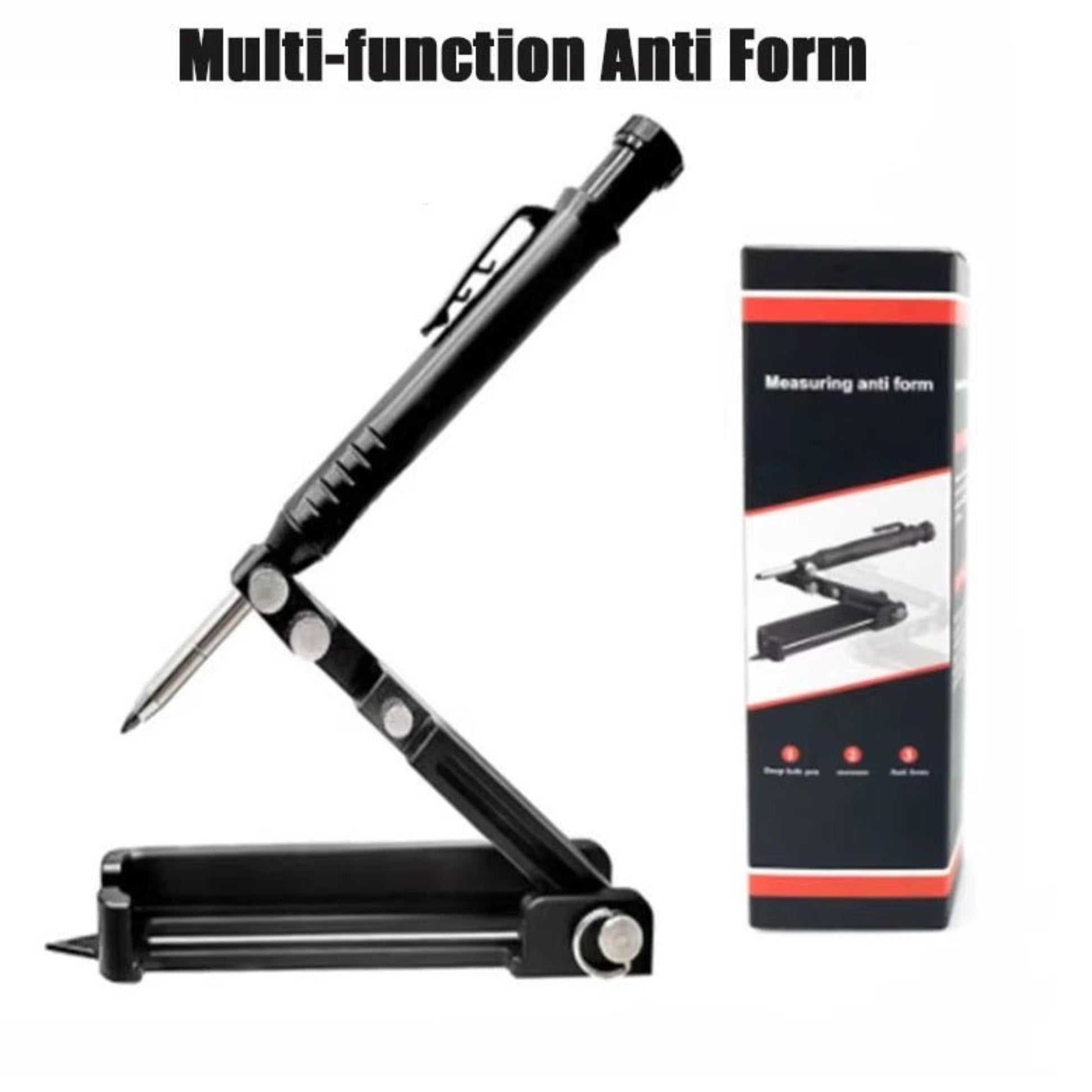 Multi-function scribing tool and carpenter's deep hole pencil shown in black with packaging, designed for precision marking.